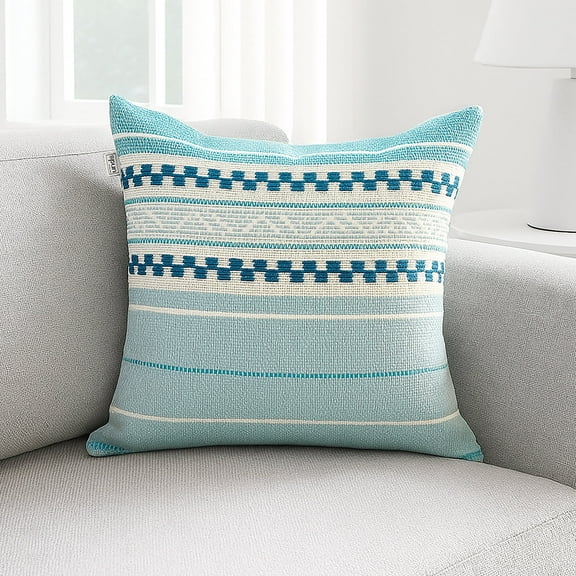 SPUN 18" x 18" 100% Cotton Hand-Woven Decorative Throw Pillow Cover, Multicolor Stripe Throw Pillow Cover for Couch Sofa Bed, Malibu Coastal, Blue & White