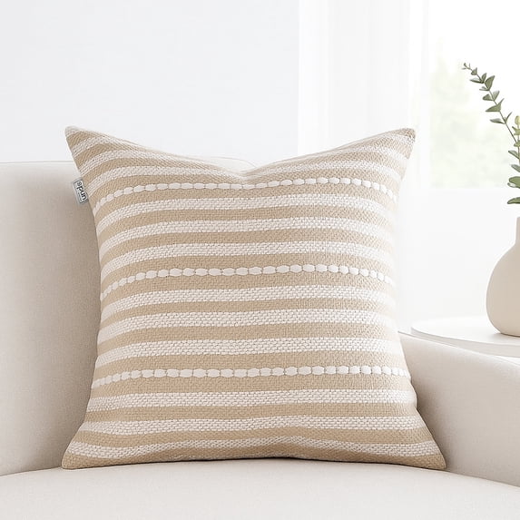 SPUN 18" x 18" 100% Cotton Hand-Woven Decorative Throw Pillow Cover, Multicolor Stripe Throw Pillow Cover for Couch Sofa Bed, Easton Farmhouse, White & Beige