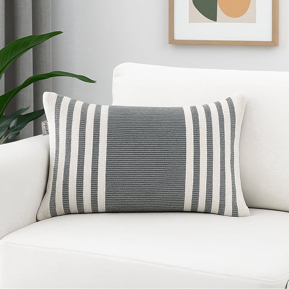SPUN 14" x 20" 100% Cotton Hand-Woven Throw Pillow Cover, Multicolor Stripe Throw Pillow Cover for Couch Sofa Bed, Berkeley Farmhouse, Gray & White