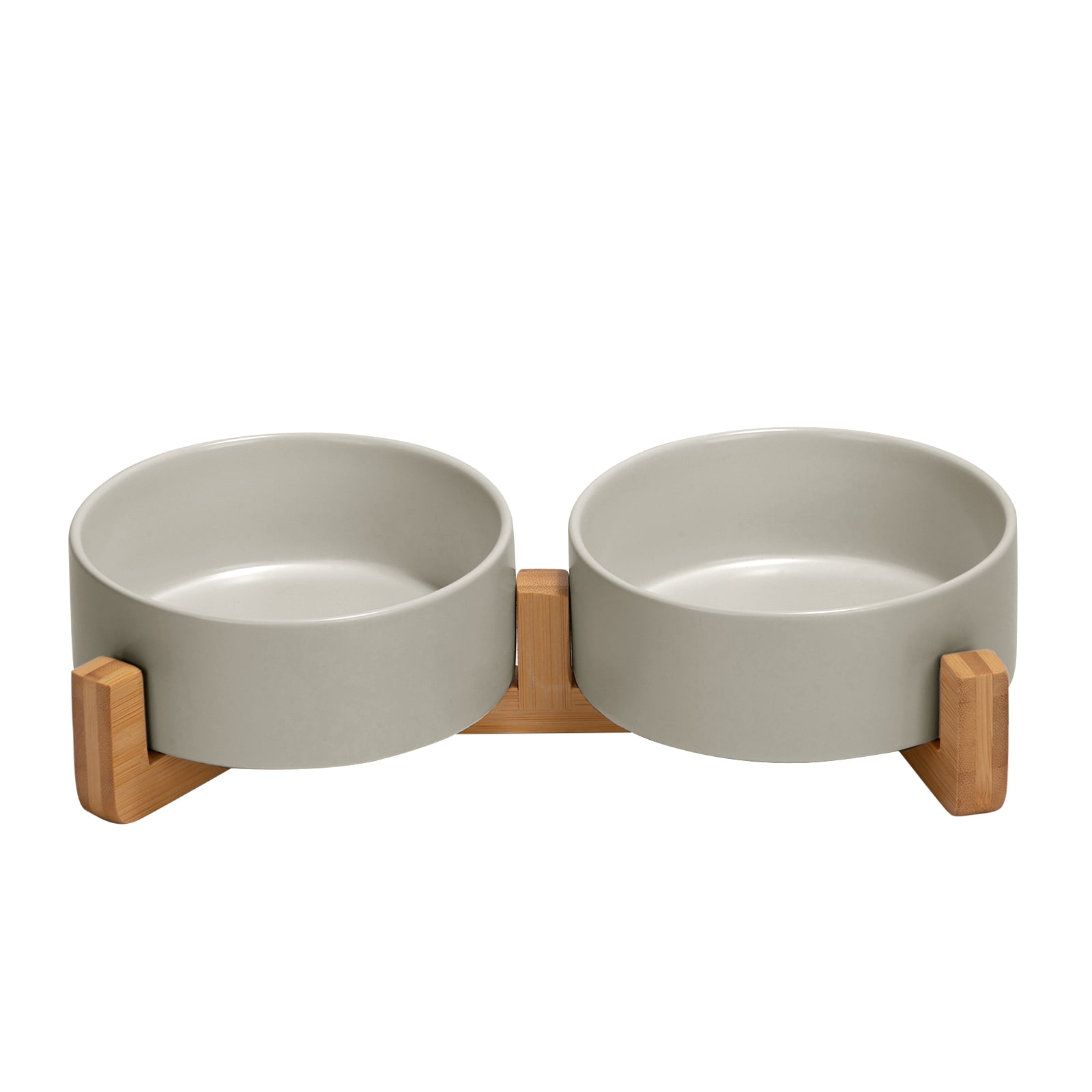 SPUNKYJUNKY Ceramic Dog and Cat Bowl Set with Wooden Stand Non-Slip Matte Glaze Weighted Food Water Set for Cat Medium Dog 13.5 OZ,Grey