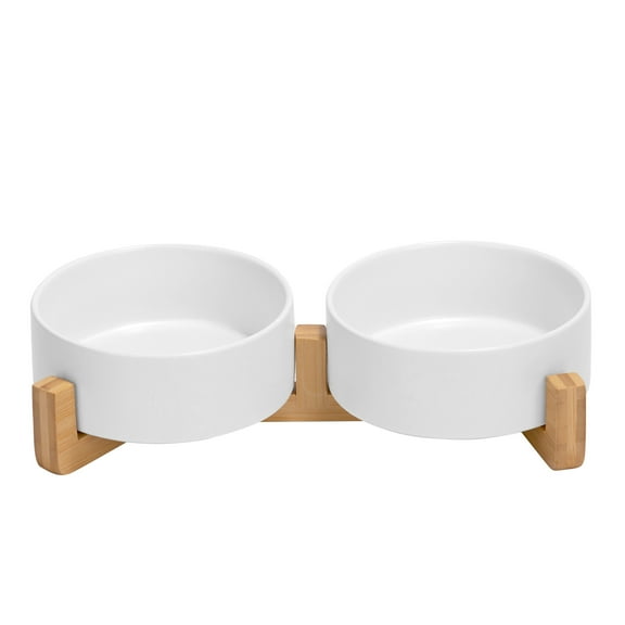 SPUNKYJUNKY Ceramic Dog and Cat Bowl Set with Wooden Stand Non-Slip Matte Glaze Weighted Food Water Set for Cat Medium Dog 13.5 OZ,White