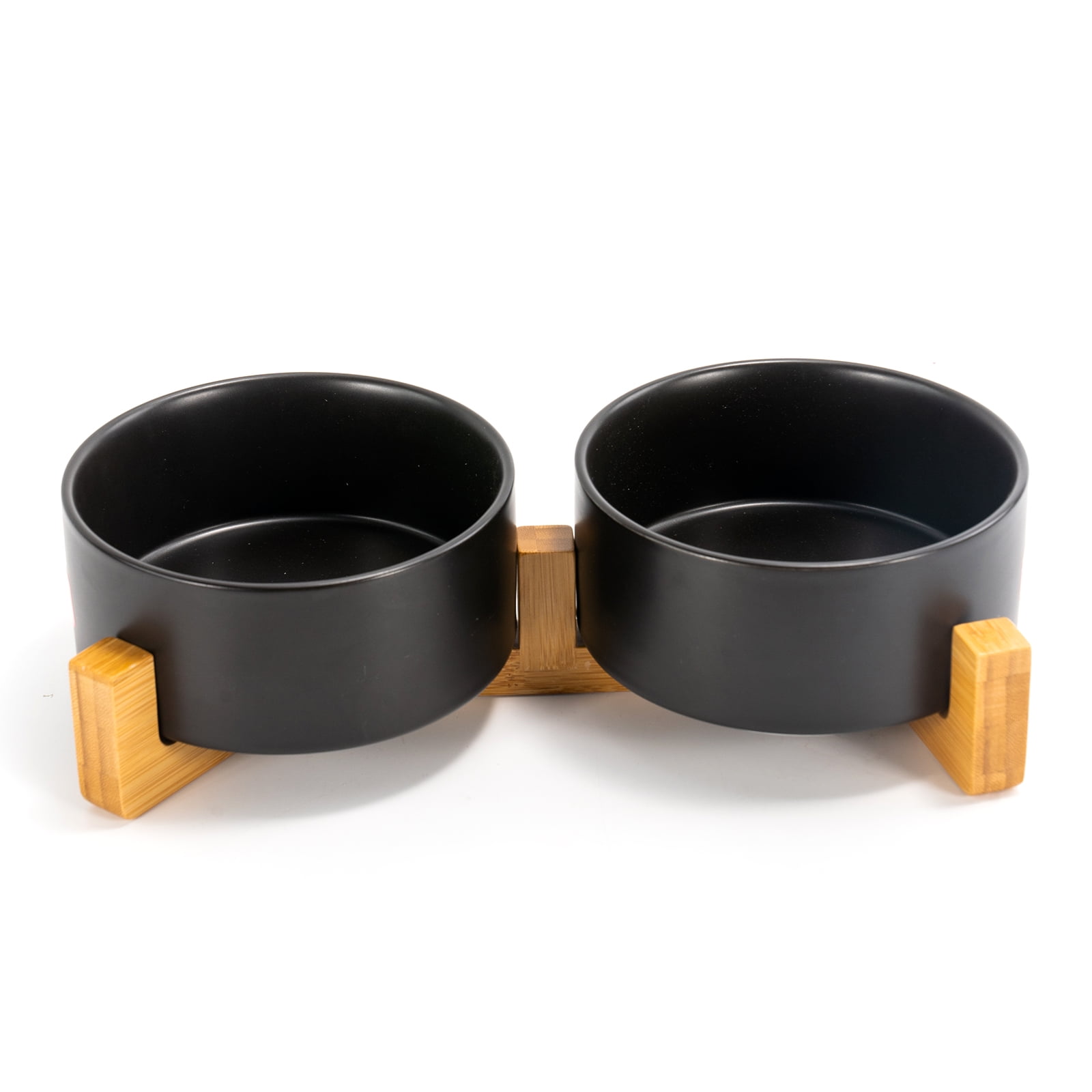 SPUNKYJUNKY Ceramic Dog and Cat Bowl Set with Wooden Stand Non-Slip Matte Glaze Weighted Food Water Set for Cat Medium Dog 28.7 OZ,Black
