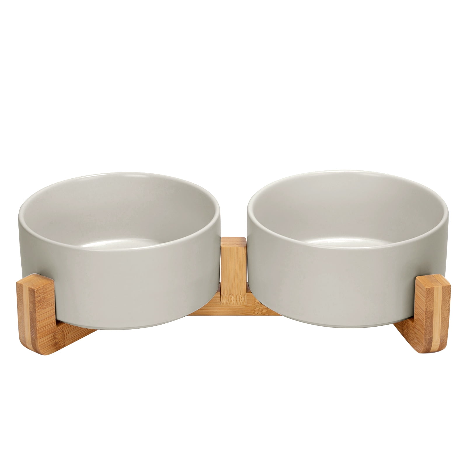 SPUNKYJUNKY Ceramic Dog and Cat Bowl Set with Wooden Stand Non-Slip Matte Glaze Weighted Food Water Set for Cat Medium Dog 28.7 OZ,Grey