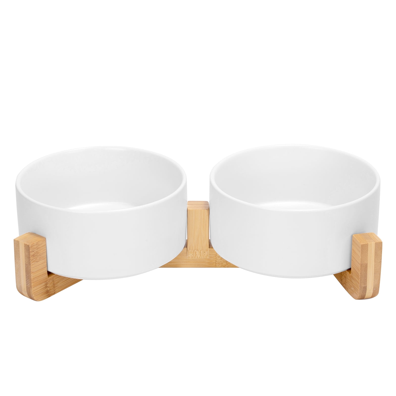 SPUNKYJUNKY Ceramic Dog and Cat Bowl Set with Wooden Stand Non-Slip Matte Glaze Weighted Food Water Set for Cat Medium Dog 28.7 OZ,White