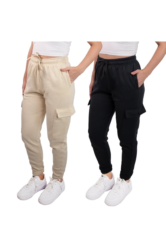 [2 Pack] Women's Cargo Jogger Sweatpants Casual Lounge Ultimate Comfort Soft Feel, Large