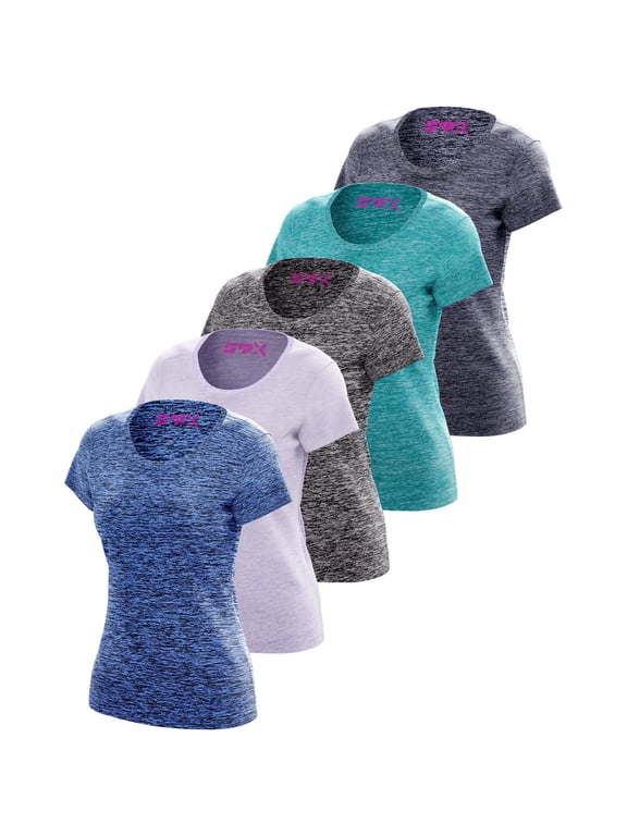 [5 Pack] Workout Tops for Women Short Sleeve Crewneck Dry-Fit Moisture-Wicking Women's Activewear T-Shirts for Gym Yoga Running, Plus Sizes S–4XL
