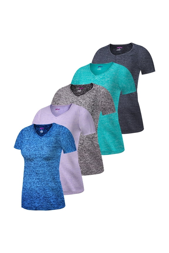 [5 Pack] Workout Tops for Women Short Sleeve V-Neck Dry-Fit Moisture-Wicking Women's Activewear T-Shirts for Gym Yoga Running, Plus Sizes S–4XL