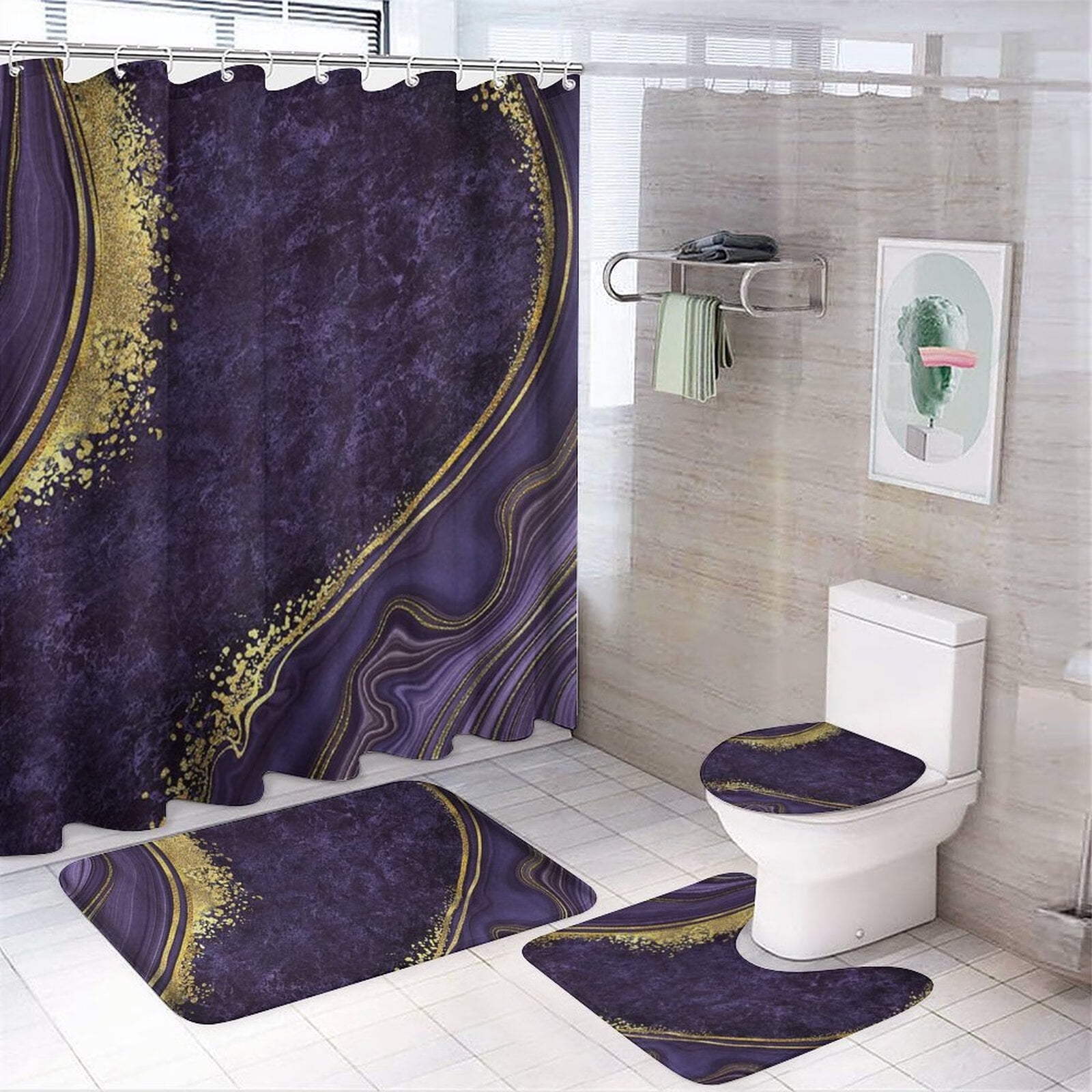 4Pcs Luxury Purple Marble Shower Curtain Sets, Hotel Bathroom ...