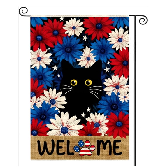 SPXUBZ 4th of July Floral Cat Garden Flag | 12x18 Inch Vertical Double-Sided Polyester Welcome Spring Summer Farmhouse Holiday Outdoor Yard Flag