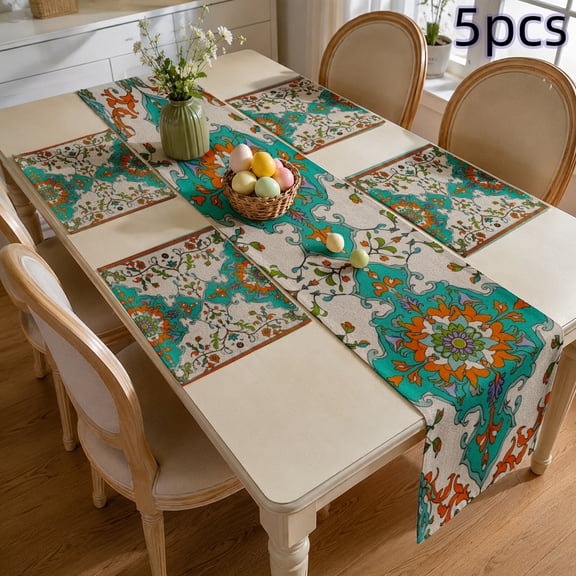SPXUBZ 5-Piece Table Runner and Placemats Set 4 Linen Placemats & 1 Table Runner for Dining Table, Elegant Floral Tapestry Pattern Kitchen Mats, Heat Resistant Washable Dinning Decor