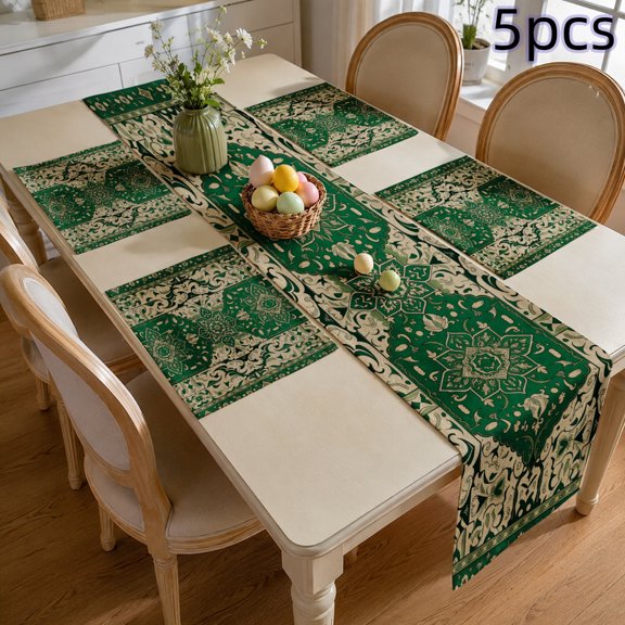 SPXUBZ 5-Piece Table Runner and Placemats Set 4 Linen Placemats & 1 Table Runner for Dining Table, Exotic Moroccan Boho Geometric Pattern Kitchen Mats, Heat Resistant Washable Dinning Decor