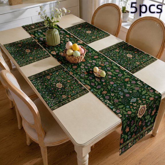SPXUBZ 5-Piece Table Runner and Placemats Set 4 Linen Placemats & 1 Table Runner for Dining Table, Exotic Moroccan Boho Geometric Pattern Kitchen Mats, Heat Resistant Washable Dinning Decor