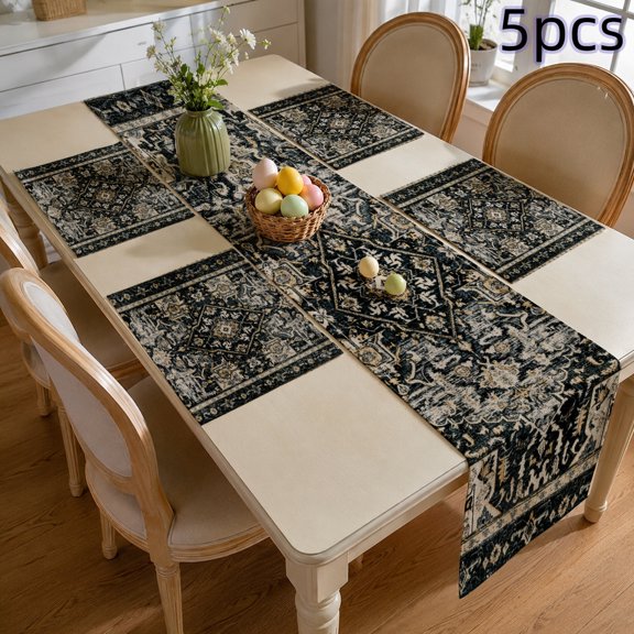 SPXUBZ 5-Piece Table Runner and Placemats Set - 4 Linen Placemats & 1 Table Runner for Dining Table, Retro Distressed Oriental Pattern Kitchen Mats, Heat Resistant Washable Dinning Decor
