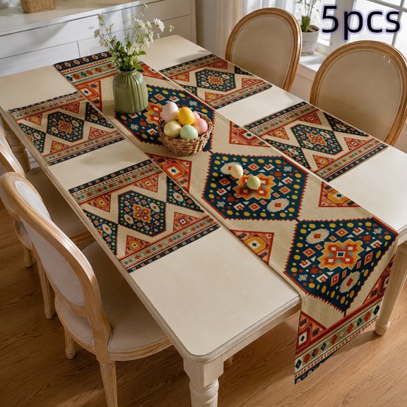 SPXUBZ 5-Piece Table Runner and Placemats Set - 4 Linen Placemats & 1 Table Runner for Dining Table, Rustic Farmhouse Damask Pattern Kitchen Mats, Heat Resistant Washable Dinning Decor