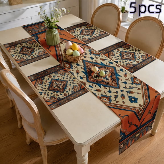SPXUBZ 5-Piece Table Runner and Placemats Set 4 Linen Placemats & 1 Table Runner for Dining Table, Vintage Persian Medallion Pattern Kitchen Mats, Heat Resistant Washable Dinning Decor