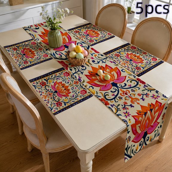 SPXUBZ 5-Piece Table Runner and Placemats Set - 4 Linen Placemats & 1 Table Runner for Dining Table Heat Resistant Washable Dinning Decor