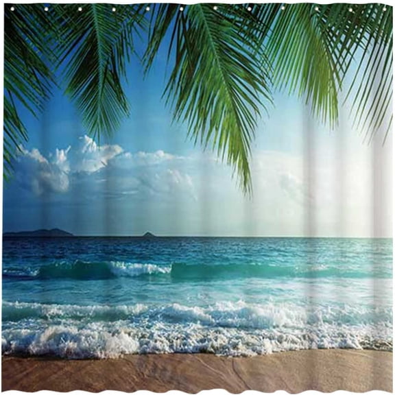 SPXUBZ 72x72 Tropical Beach Shower Curtain for Bathroom Set Summer Palm Tree Home Bath Decor Island Seascape Decoration Durable Waterproof Fabric Machine Washable Curtain with 12 Hooks