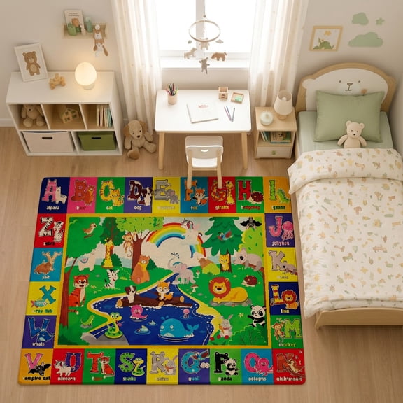 SPXUBZ ABC Alphabet Cartoon Animal Play Map for son and daughter Play Rug, Soft Velvet City Road Map Area Rug for Playroom Bedroom, Educational Toy Car Track Floor Mat