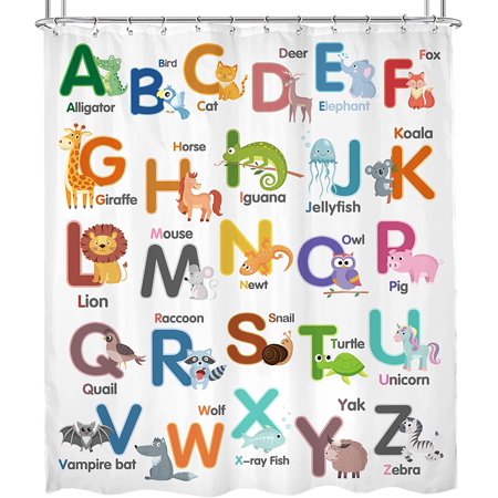 SPXUBZ ABC Learning Alphabet Shower Curtain 72x72 Inch Nursery Baby Kids Boy Child Children Educational Funny Animals Teaching Words with 12 Plastic Hooks Decor