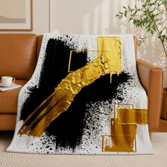 SPXUBZ Abstract Gold Brush Flannel Fleece Blanket, Modern Art Throw Blanket, Soft Cozy Warm Blanket for Bedroom Sofa Decor