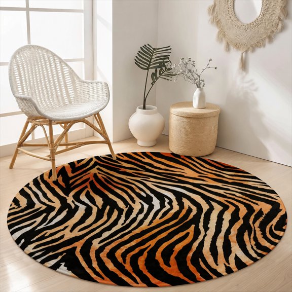 SPXUBZ Abstract Tiger Stripe Ripple Wave Round Area Rug, Animal Print Velvet Washable Circle Carpet, Non-Slip Floor Mat for Living Room Bedroom Modern Aesthetic Decor (31.5", 39.4", 63", 78.7")
