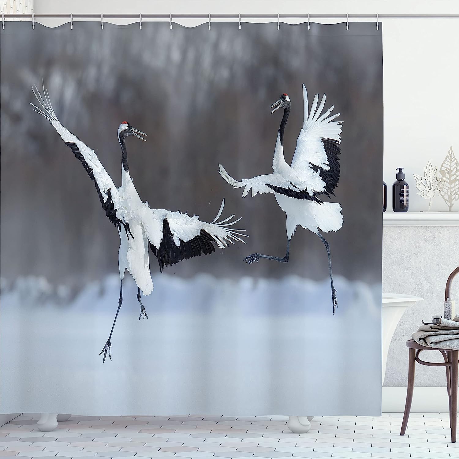 SPXUBZ Africa Shower Curtain, Dancing Pair of RedCrowned Crane Open