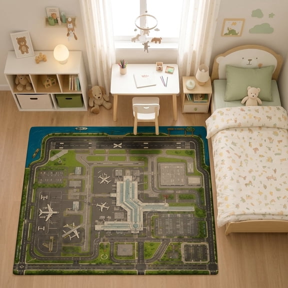 SPXUBZ Airport City Map Traffic Road for son and daughter Play Rug, Soft Velvet City Road Map Area Rug for Playroom Bedroom, Educational Toy Car Track Floor Mat