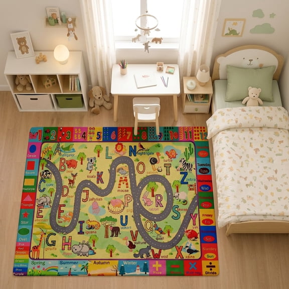 SPXUBZ Alphabet Safari Train Animal Tracks for son and daughter Play Rug, Soft Velvet City Road Map Area Rug for Playroom Bedroom, Educational Toy Car Track Floor Mat