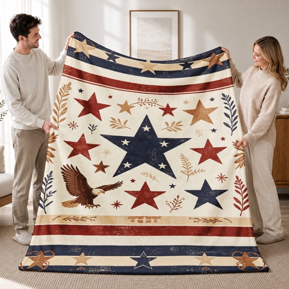 SPXUBZ Americana Flannel Throw Blanket, Red White and Blue Star Pattern with Striped Borders and Rustic Country Details, Patriotic Style, Soft Cozy Blanket