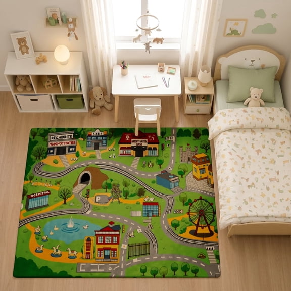 SPXUBZ Amusement Park Green Field Grid for son and daughter Play Rug, Soft Velvet City Road Map Area Rug for Playroom Bedroom, Educational Toy Car Track Floor Mat