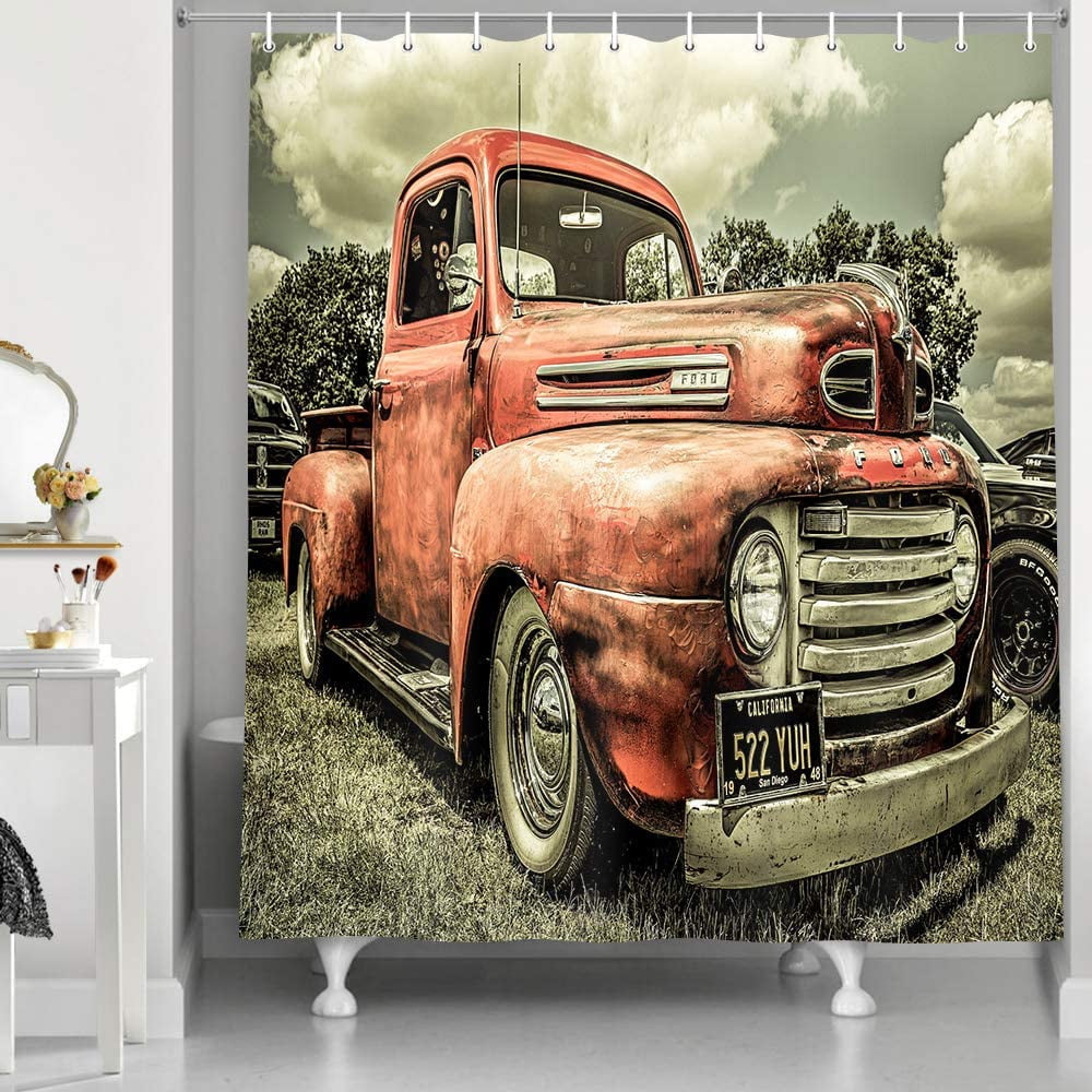 SPXUBZ Antique Car Shower Curtains, Custom Vintage Old Truck Car Decor