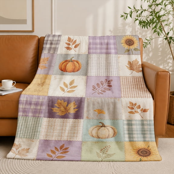 SPXUBZ Autumn Flannel Throw Blanket, Neutral Pumpkin Leaf Sunflower and Plaid Patchwork Pattern, Soft Cozy Blanket for Couch Sofa Bed