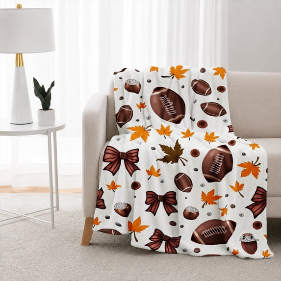 SPXUBZ Autumn Football Fall Leaves Bow Ribbon Flannel Throw Blanket Soft Warm Cozy Fleece Blanket for Sports Fans Couch Bed Decor