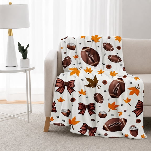 SPXUBZ Autumn Football Fall Leaves Bow Ribbon Flannel Throw Blanket Soft Warm Cozy Fleece Blanket for Sports Fans Couch Bed Decor
