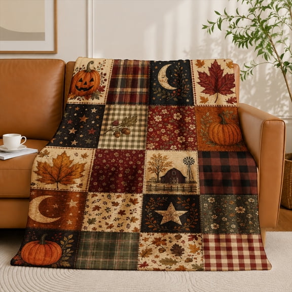 SPXUBZ Autumn Harvest Pumpkin Farm Barn Patchwork Flannel Throw Blanket Soft Warm Cozy Fleece Blanket for Thanksgiving Couch Decor