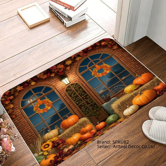SPXUBZ Autumn Pumpkin Wreath Doorway Non Slip Flannel Floor Mat for Bathroom Kitchen Bedroom Decor 16x24 inch