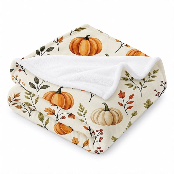 SPXUBZ Autumn Thanksgiving Pumpkin Leaves Botanical Flannel Throw Blanket Warm Soft Fleece Blanket for Fall Season Couch Sofa Decor
