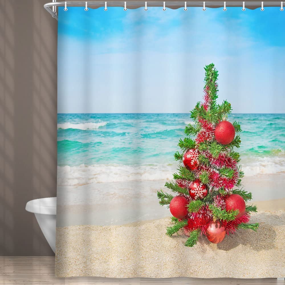 SPXUBZ Beach Christmas Shower Curtain, Christmas Tree Decor Polyester