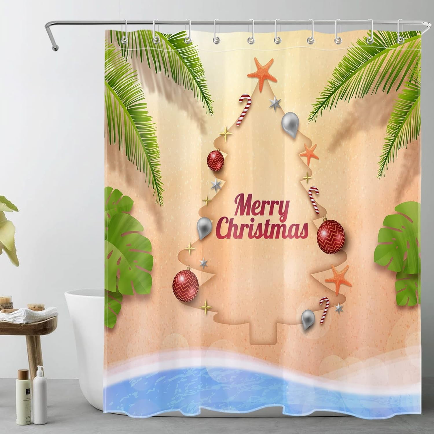 SPXUBZ Beach Christmas Shower Curtain Green Tropical Tree Blue Ocean