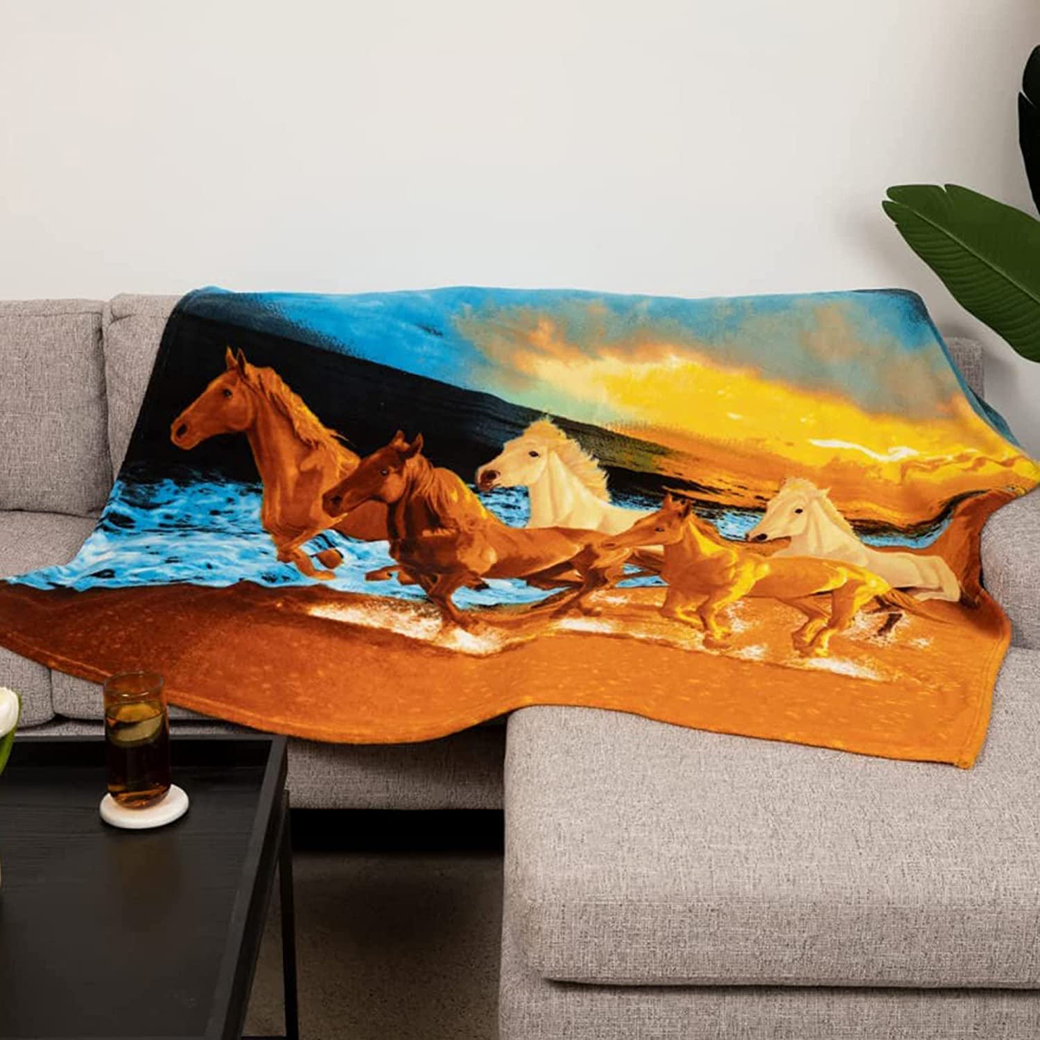 SPXUBZ Beach Horses Blanket for Bed 50" x 60" Horse Throw Blanket for