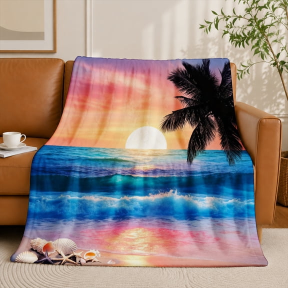 SPXUBZ Beach Sunset Flannel Fleece Blanket Tropical Ocean Throw Blanket Palm Tree Landscape Soft Cozy Blanket for Sofa Bed Outdoor 50"x40"