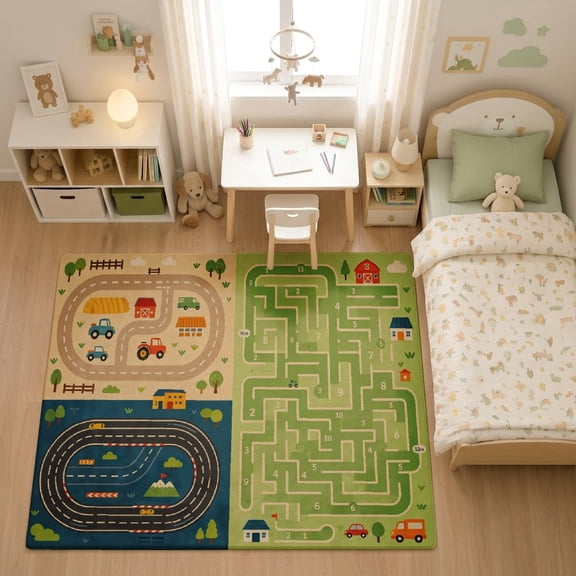 SPXUBZ Beige Cream Maze Road System Play Map for son and daughter Play Rug, Soft Velvet City Road Map Area Rug for Playroom Bedroom, Educational Toy Car Track Floor Mat