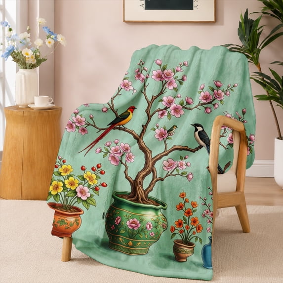 SPXUBZ Bird Floral Tree Flannel Fleece Blanket Botanical Nature Throw Blanket Spring Garden Pattern Soft Cozy Blanket for Bedroom Home Decor 50"x40"