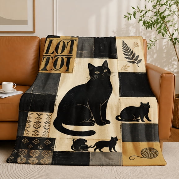 SPXUBZ Black Cat Portrait Books Vintage Collage Art Flannel Throw Blanket Soft Warm Cozy Fleece Blanket for Cat Lovers Couch Decor