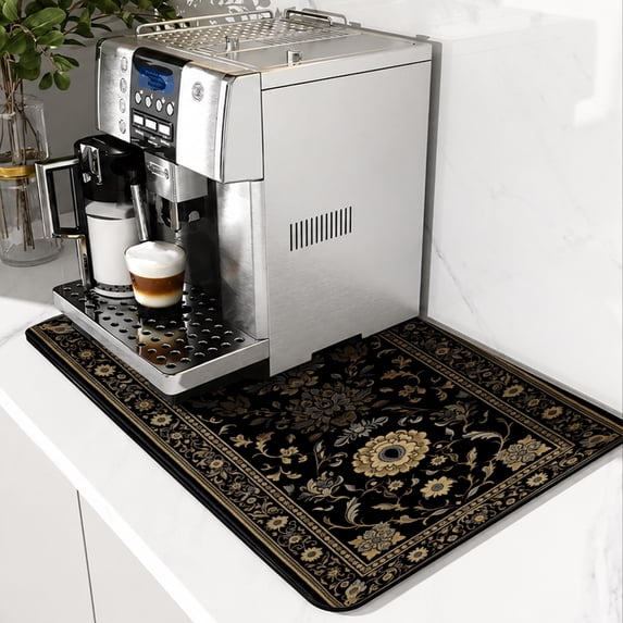 SPXUBZ Black Floral Coffee Mat, Coffee Bar Mat, Super Absorbent Kitchen Counter Drying Mat, Non Slip Coffee Maker Pad, Quick Dry Dish Drying Mat, Countertop Protector