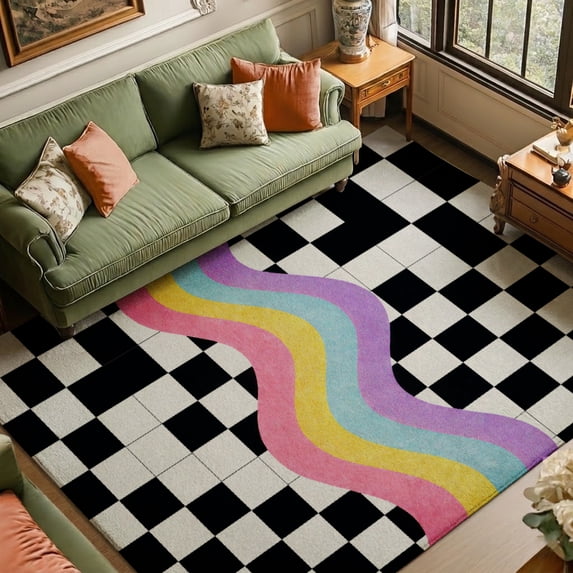SPXUBZ Black White Checkerboard Velvet Area Rug, Modern Geometric Rectangle Floor Carpet, Soft Plush Non Slip Rug for Bedroom Game Room 63"×39.4"