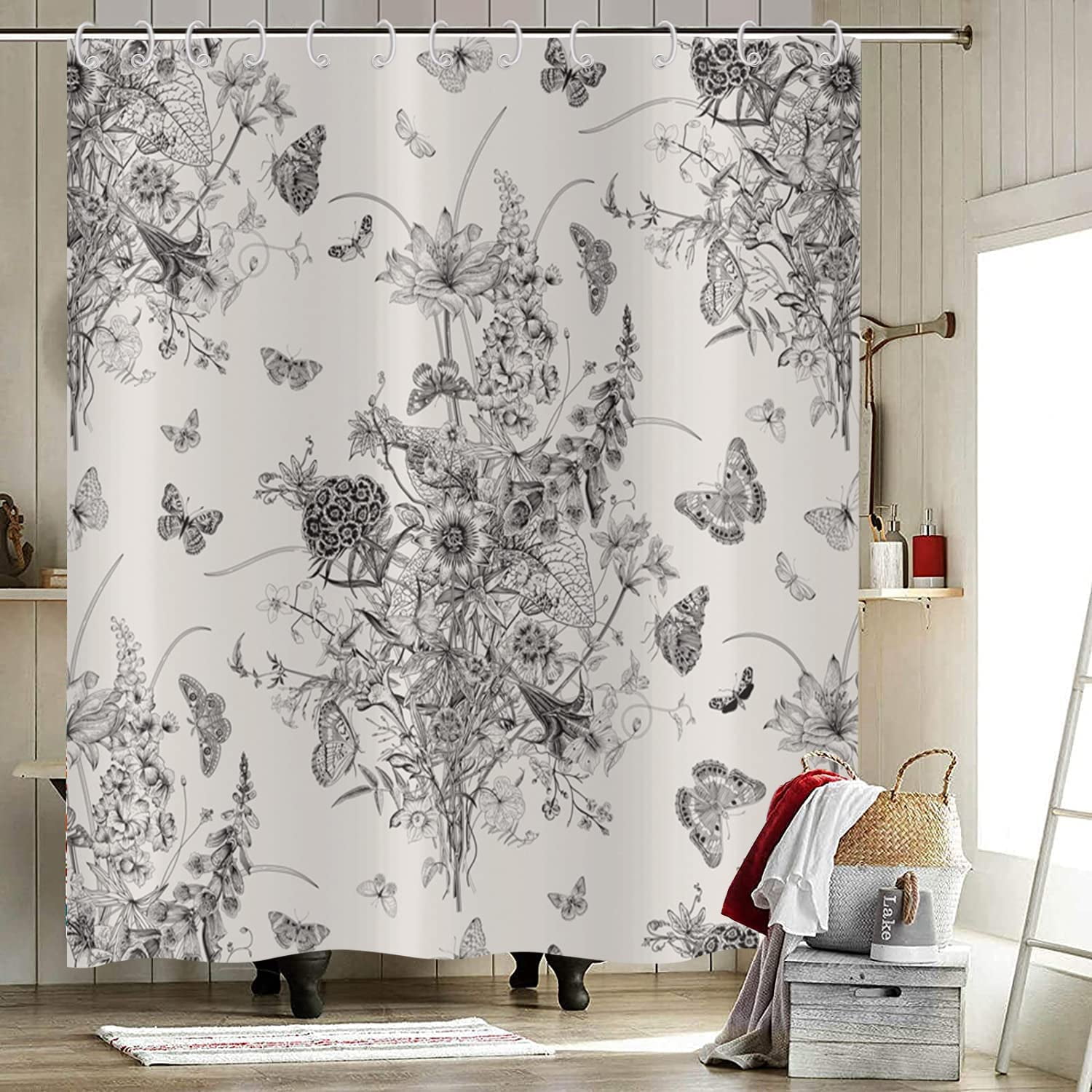 SPXUBZ Black and White Floral Shower Curtain, Retro Boho Botanical Wildflower Herbs Plant