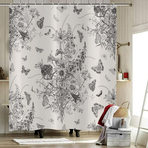 SPXUBZ Black and White Floral Shower Curtain, Retro Boho Botanical Wildflower Herbs Plant Butterflies Bathroom Curtain Aesthetic Waterproof Fabric Machine Washable Bathtub Curtains 72"x72" inch