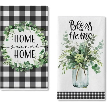 SPXUBZ Black and White Buffalo Plaid Green Eucalyptus Kitchen Drying Towels for Kitchen Set of 2