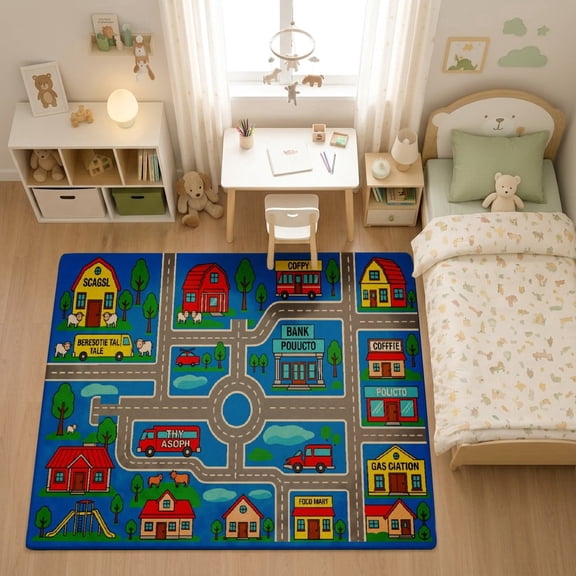 SPXUBZ Blue Background Cartoon Village Towns for son and daughter Play Rug, Soft Velvet City Road Map Area Rug for Playroom Bedroom, Educational Toy Car Track Floor Mat